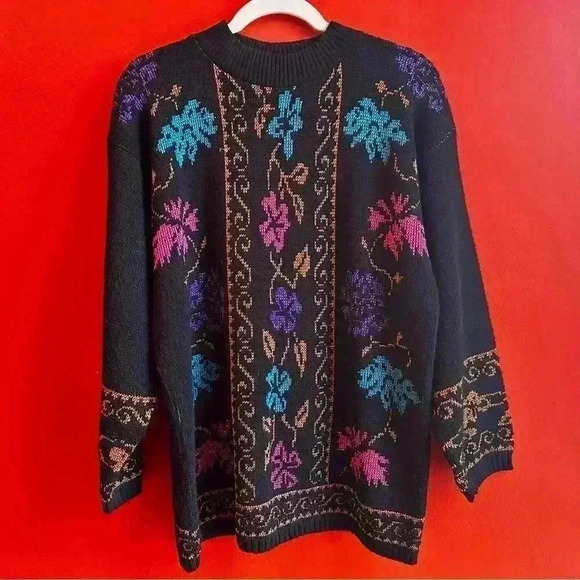 Vintage 80's Dana Scott Black with Metallic floral print size Large - Picture 4 of 6